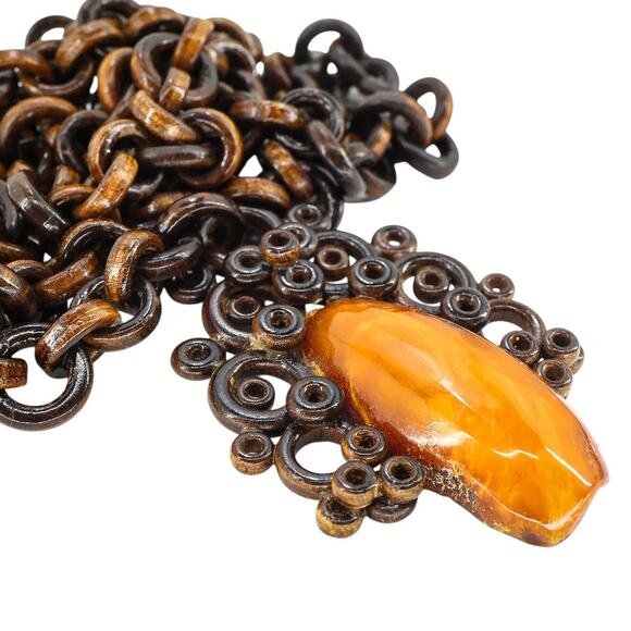 Large Vintage Victorian Revival Faux Tortoise Wooden Chain Amber Pendant 26” - Picture 6 of 8